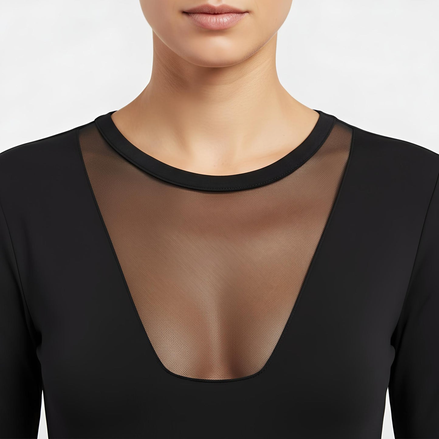 Damen Langarm Body aus Baumwolle-Elasthan mit Halbkragen und Tüll-Dekolleté