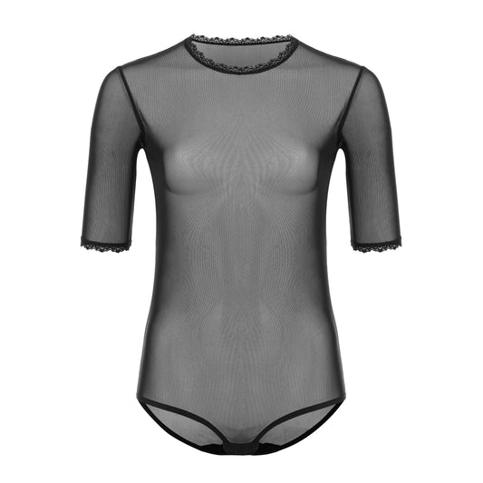 Eleganter Damen Body aus Tüll mit Spitzen-Details mit Elbongenlangen Ärmeln