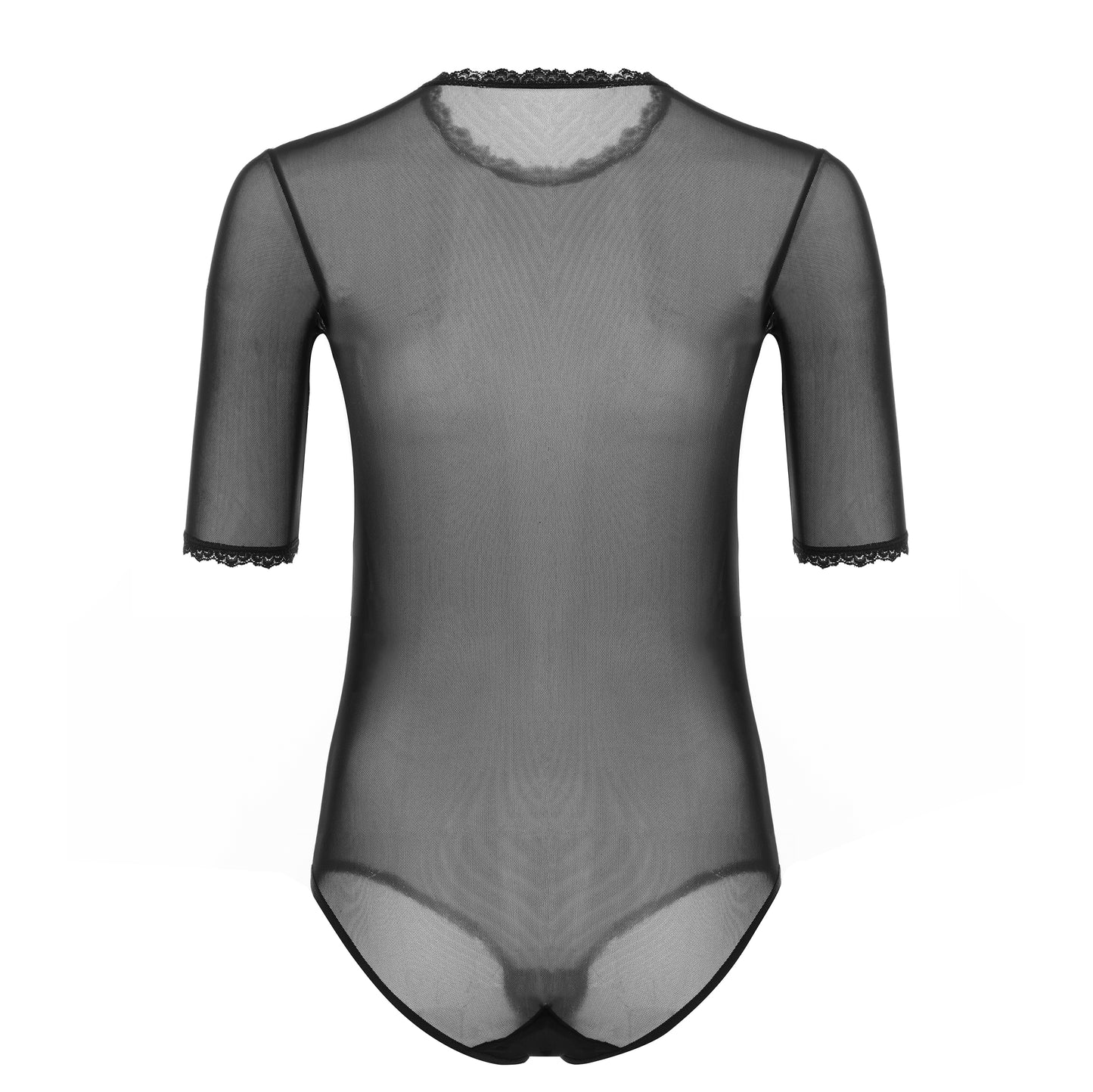 Elegant women's tulle bodysuit with lace details and elbow-length sleeves