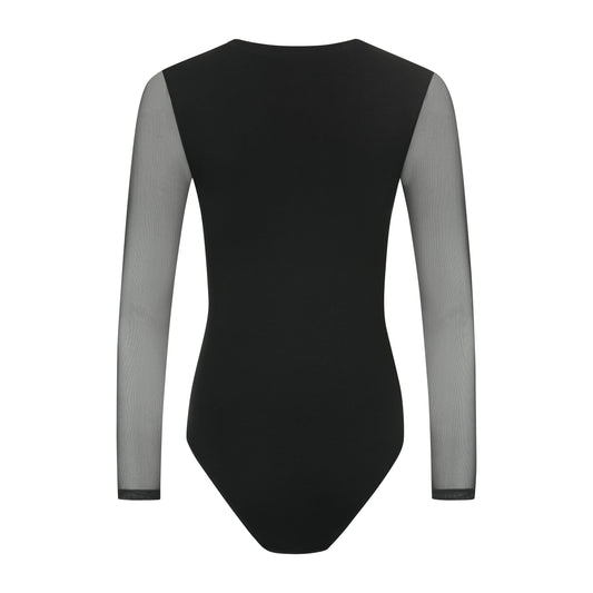 Damen Body aus Baumwolle-Elasthan mit Tüll-Dekolleté und langen Tüllärmeln