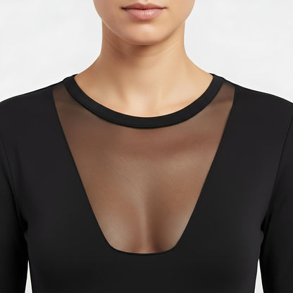Damen Langarm Body aus Baumwolle-Elasthan mit Halbkragen und Tüll-Dekolleté