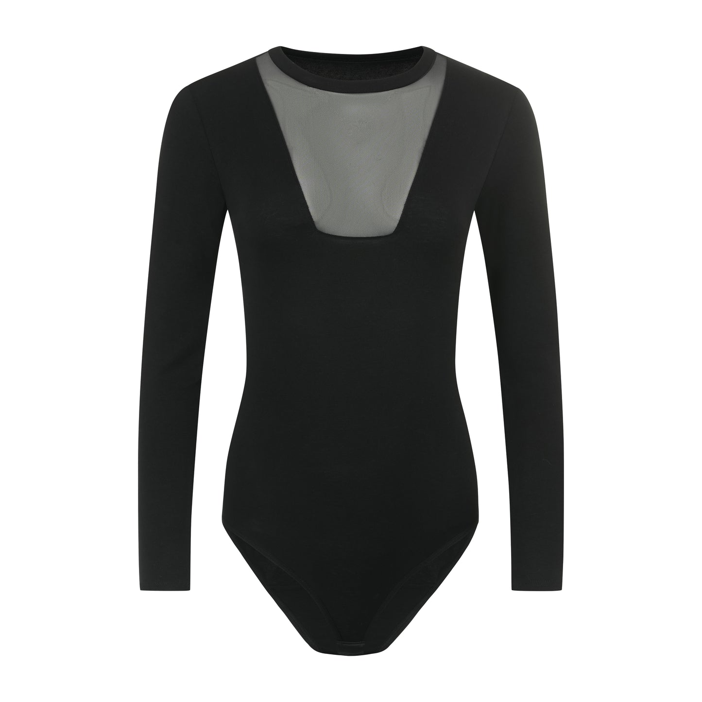 Damen Langarm Body aus Baumwolle-Elasthan mit Halbkragen und Tüll-Dekolleté