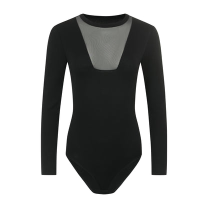 Damen Langarm Body aus Baumwolle-Elasthan mit Halbkragen und Tüll-Dekolleté