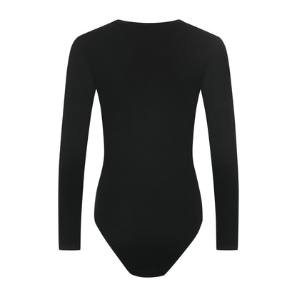 Damen Langarm Body aus Baumwolle-Elasthan mit Halbkragen und Tüll-Dekolleté