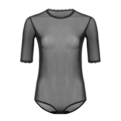 Elegant women's tulle bodysuit with lace details and elbow-length sleeves