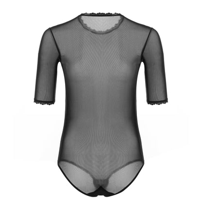 Elegant women's tulle bodysuit with lace details and elbow-length sleeves