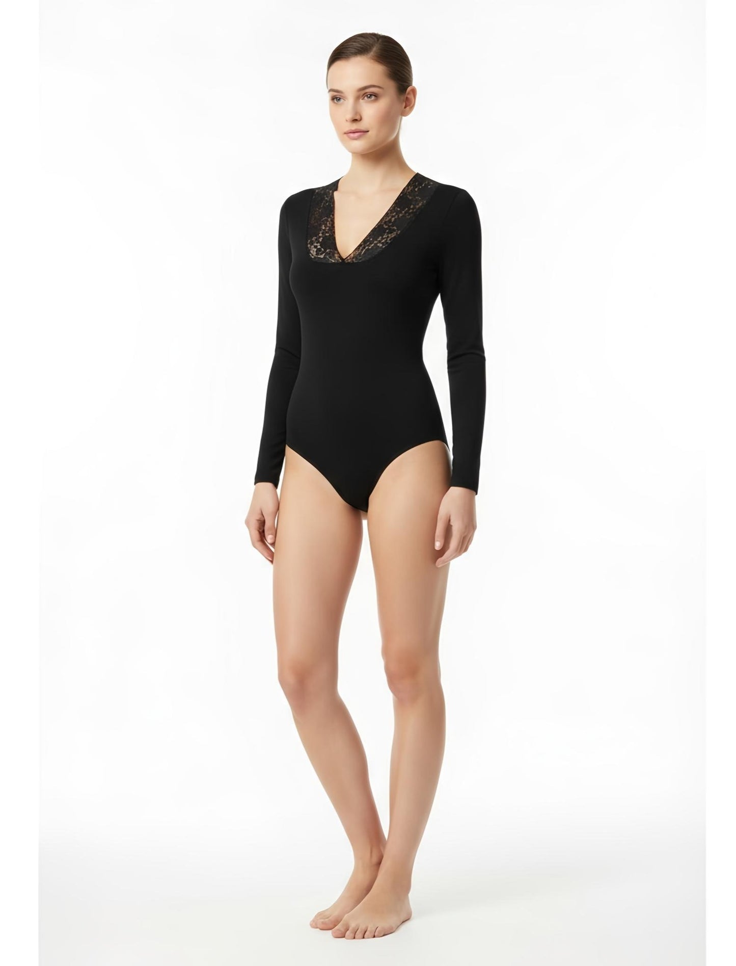 Damen Langarm Body aus Baumwolle mit Spitzendekolleté