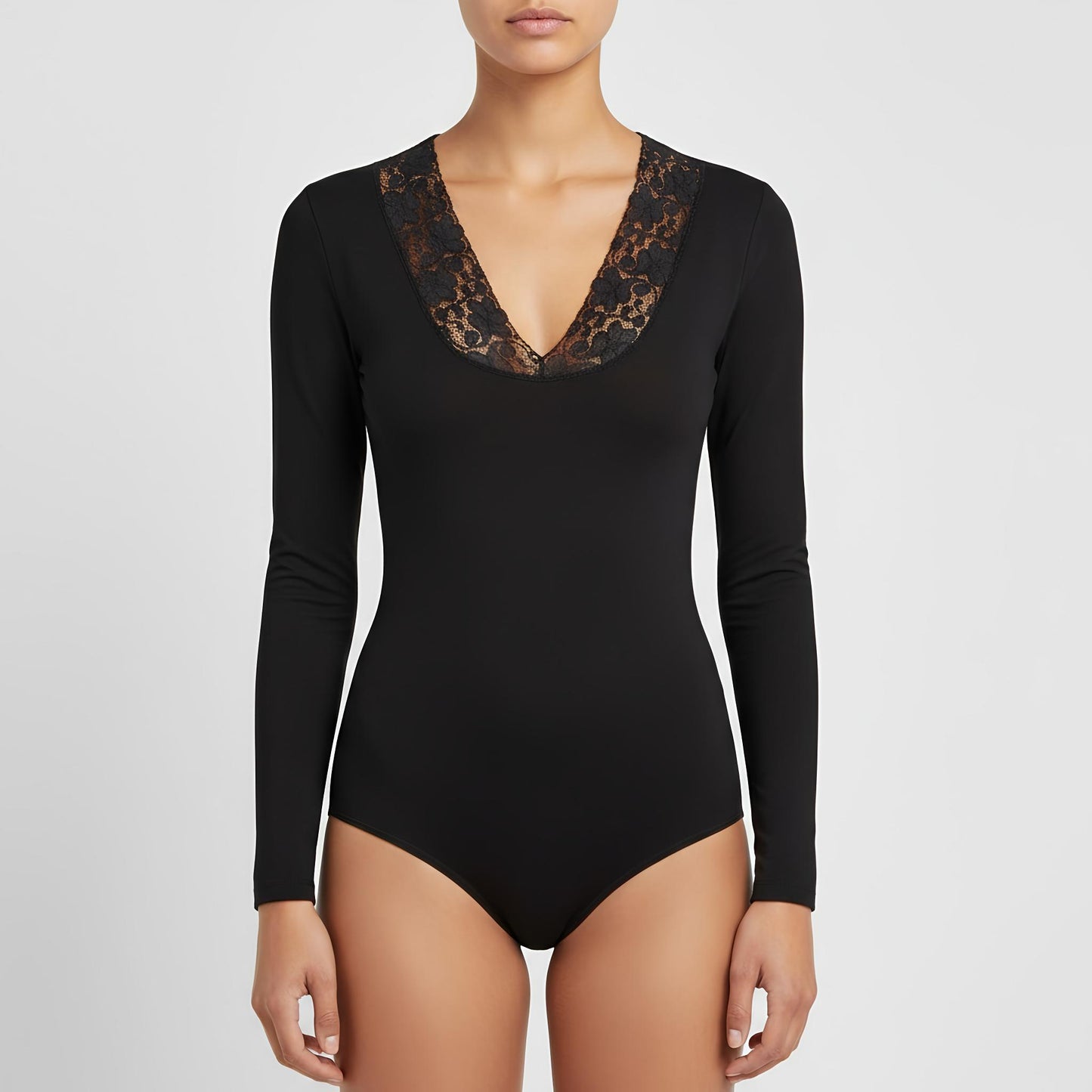 Damen Langarm Body aus Baumwolle mit Spitzendekolleté