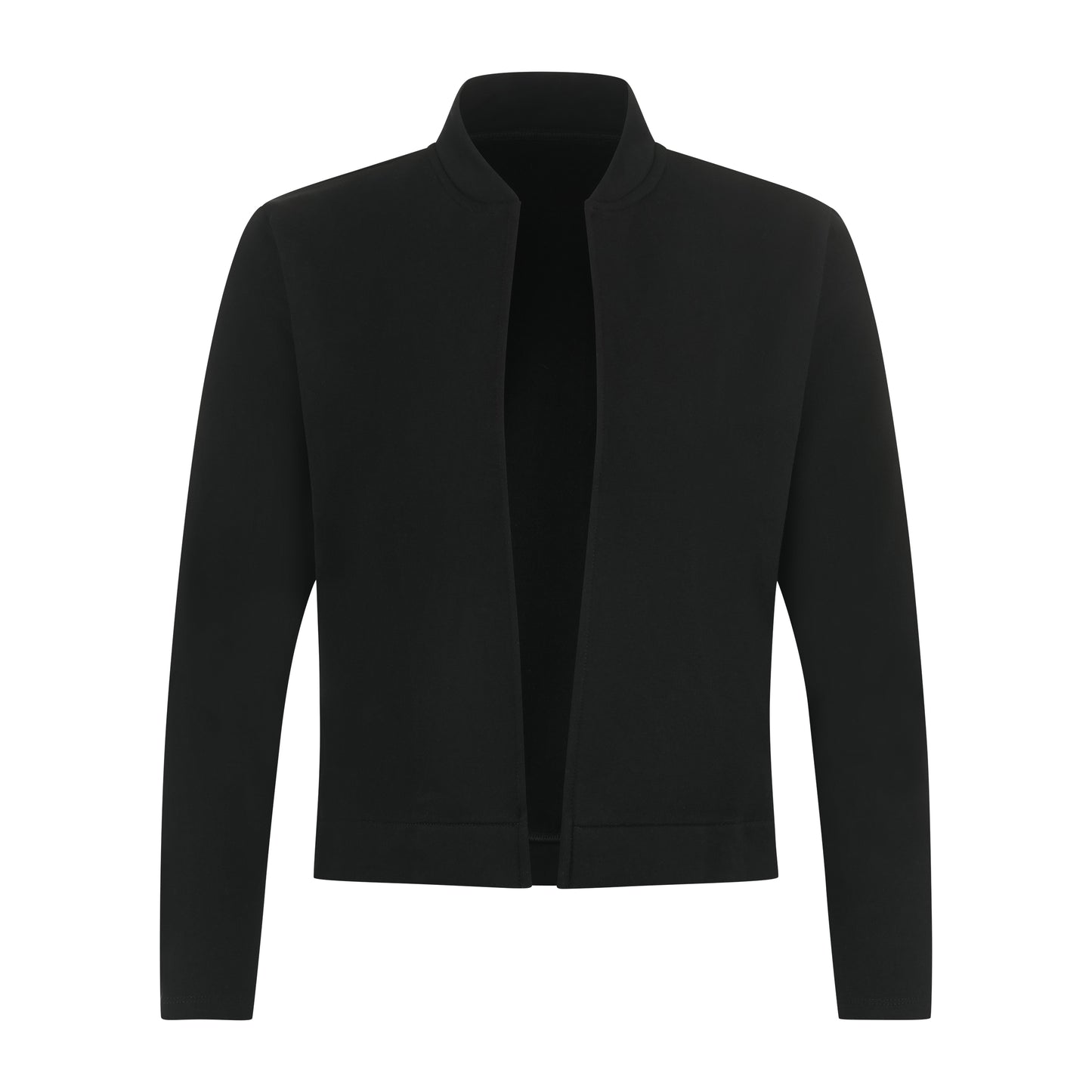 Blazer Damen schwarz, eleganter Kurzblazer, kragenlos mit Rundhalsausschnitt, offen ohne Verschluss