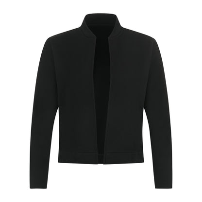 Blazer Damen schwarz, eleganter Kurzblazer, kragenlos mit Rundhalsausschnitt, offen ohne Verschluss