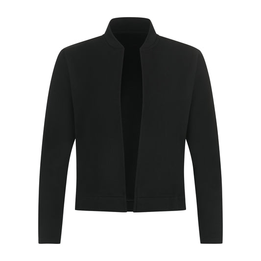 Blazer Damen schwarz, eleganter Kurzblazer, kragenlos mit Rundhalsausschnitt, offen ohne Verschluss