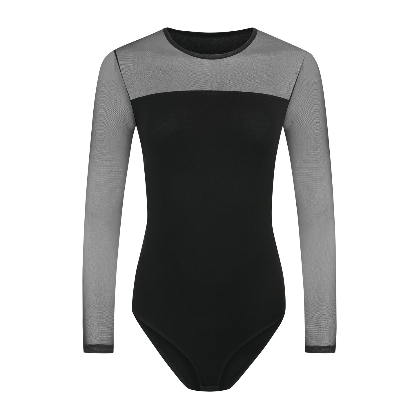 Damen Body aus Baumwolle-Elasthan mit Tüll-Dekolleté und langen Tüllärmeln