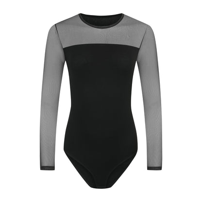 Damen Body aus Baumwolle-Elasthan mit Tüll-Dekolleté und langen Tüllärmeln