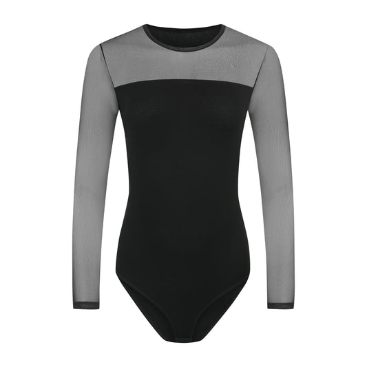 Damen Body aus Baumwolle-Elasthan mit Tüll-Dekolleté und langen Tüllärmeln