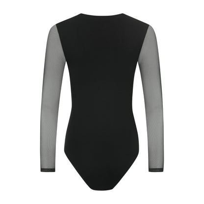 Damen Body aus Baumwolle-Elasthan mit Tüll-Dekolleté und langen Tüllärmeln