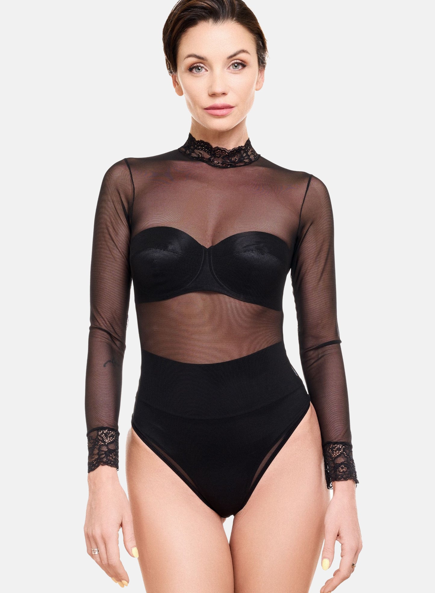 Langarmbody Stringbody Spitzenkragen Tüll