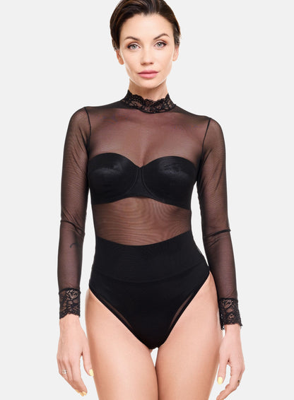Langarmbody Stringbody Spitzenkragen Tüll