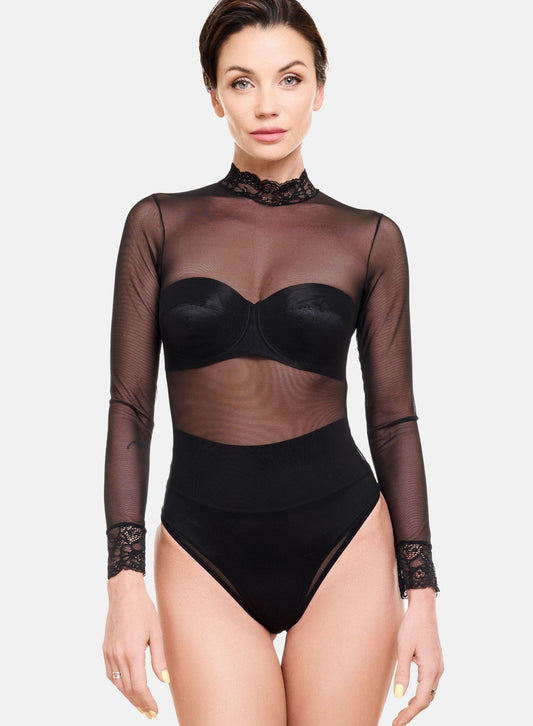 Langarmbody Stringbody Spitzenkragen Tüll