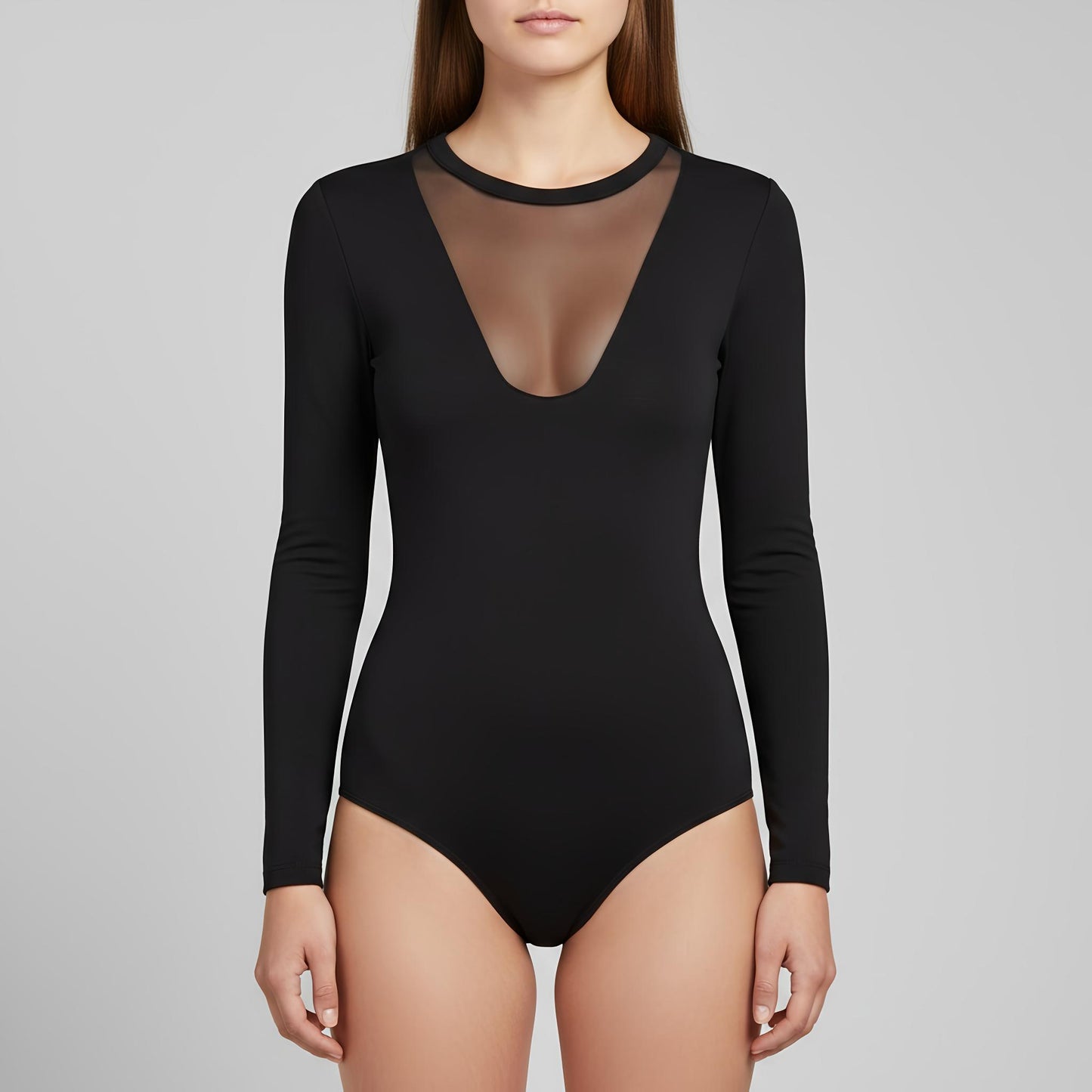Damen Langarm Body aus Baumwolle-Elasthan mit Halbkragen und Tüll-Dekolleté