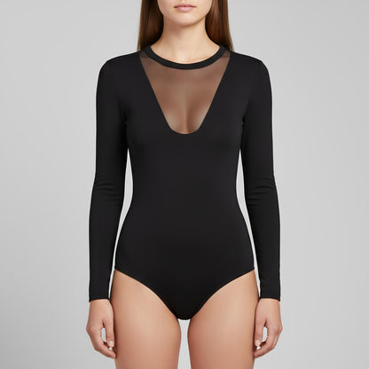 Damen Langarm Body aus Baumwolle-Elasthan mit Halbkragen und Tüll-Dekolleté
