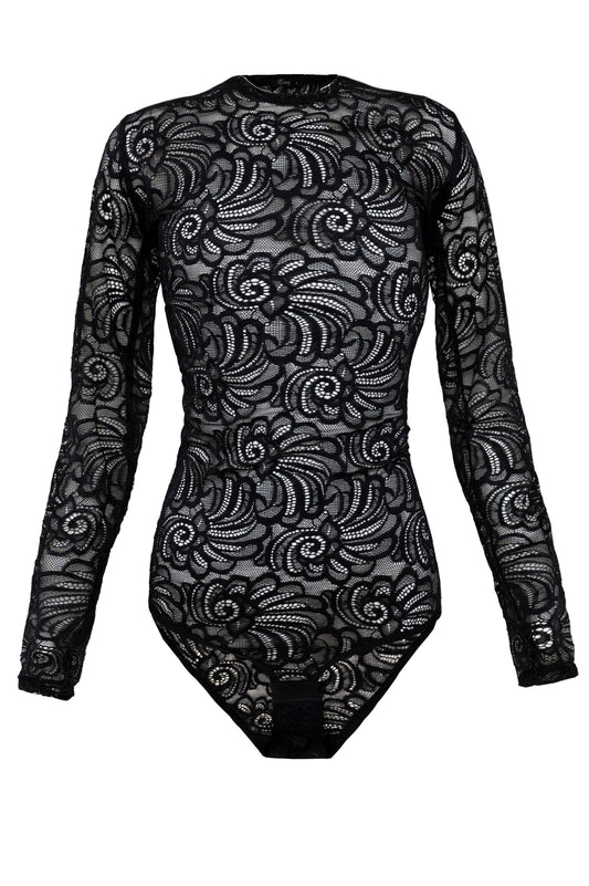 Damen Langarmbody Spitze Rundhals