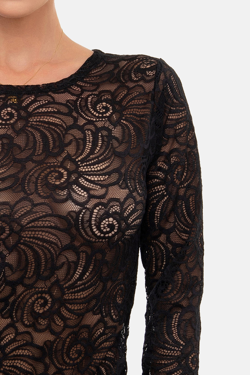 Damen Langarmbody Spitze Rundhals